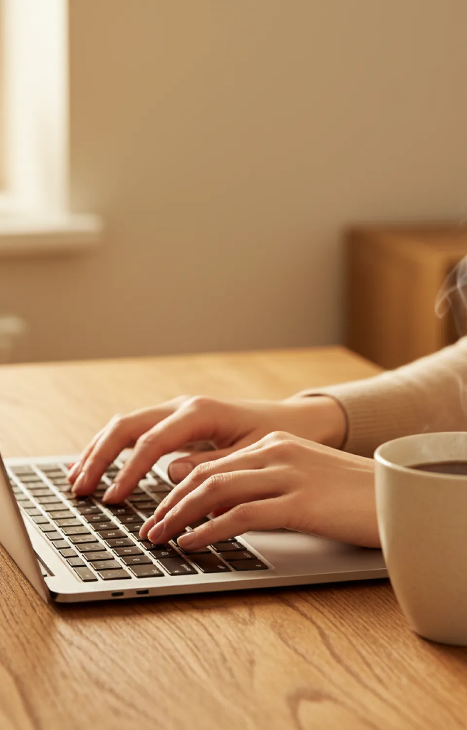 Hands typing on a laptop beside a steaming cup of coffee
