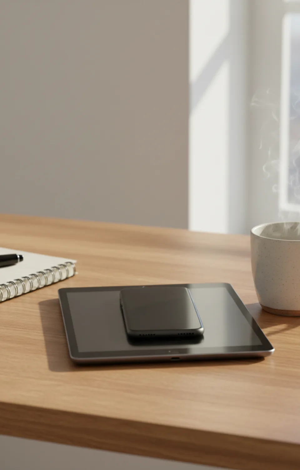 Tablet and phone styled on a wooden desk beside a steaming mug